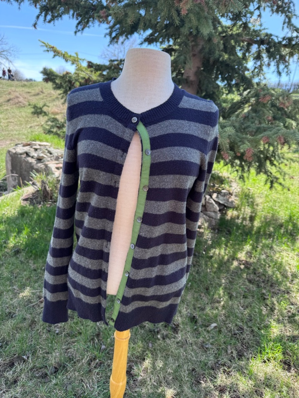 GAP Navy and Gray Striped Button Cardigan with Green Placket